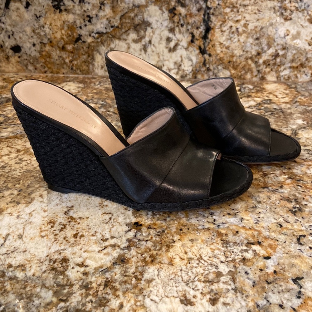 Brand New Stuart Weitzman, Black Napa & rope wedge sandals. Leather sole.